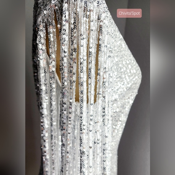🏷🆕️ Sexy Deep-V Sequin Glitter Tassel Sleeve Party Mini Dress - Silver - L - Picture 7 of 16